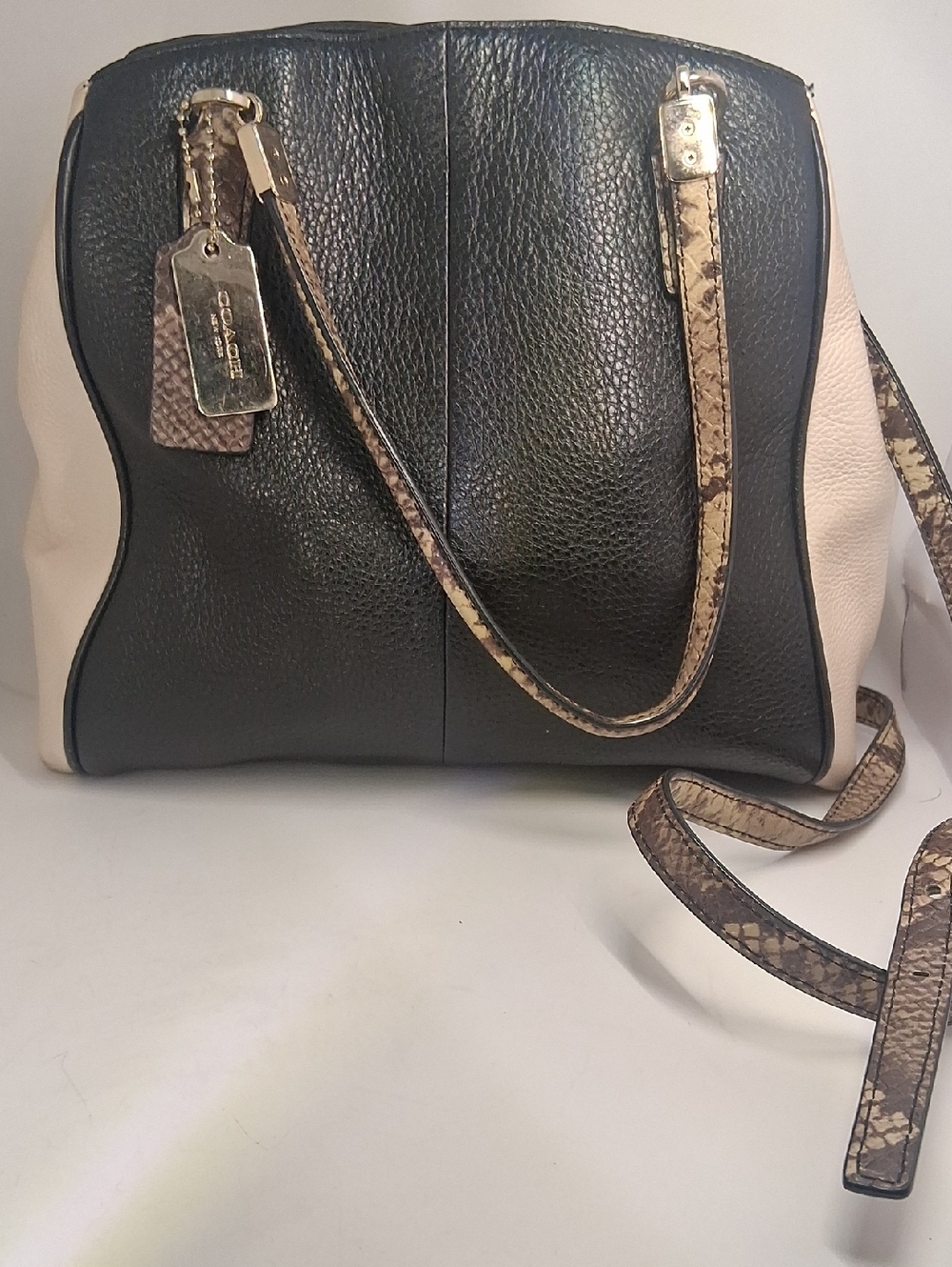 Coach Black & Cream Pebbled Leather Crossbody with Snake-Print Trim - Picture 2 of 10
